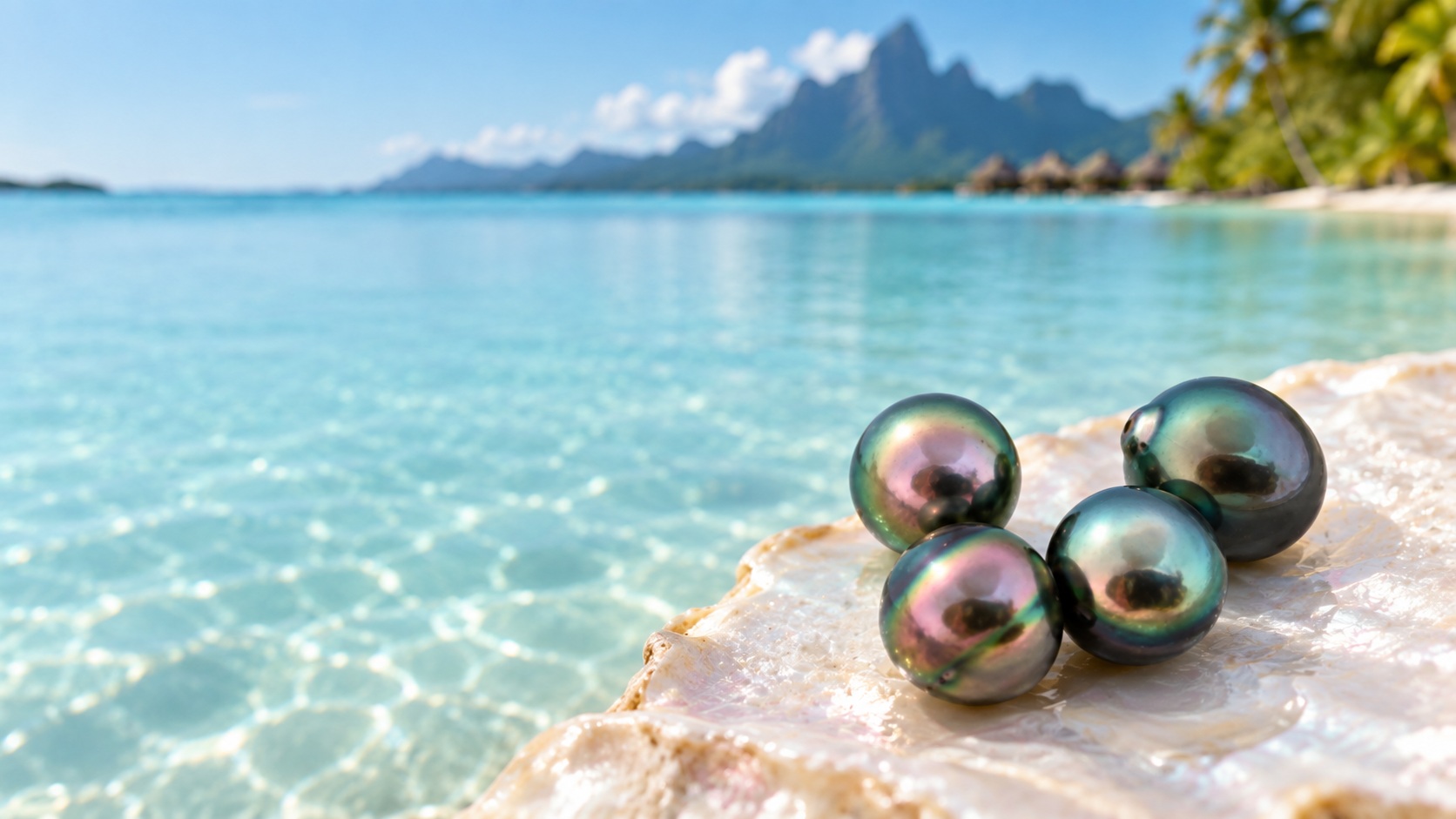 Composition de quatre perles de Tahiti inspirée d’une photographie de Laurette, devant le lagon